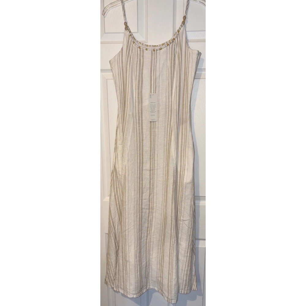 CALYPSO St. Barth Dress Womens 2 Linen Island Striped Strappy Maxi Beige Vacay